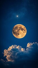 Wall Mural - A stunning view of a full moon glowing brightly in a starry night sky, surrounded by soft, fluffy clouds.