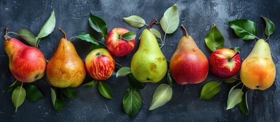 Fototapete - Tasty apple pears on a white table top view Area for text. with copy space image. Place for adding text or design