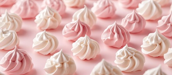 Poster - The light meringue in white and pink is arranged in rows and columns on a light desk. with copy space image. Place for adding text or design