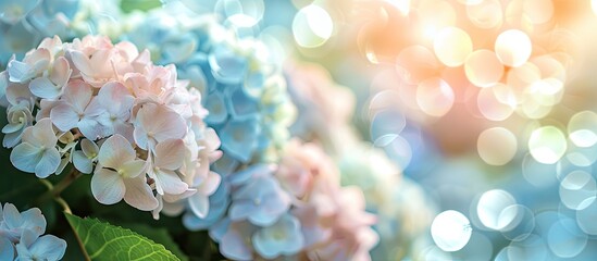 Aufkleber - Summer blooming hydrangeas with selective focus shallow depth of field softened tones illuminated with heart shaped bokeh in the background and a pastel gentle card. with copy space image