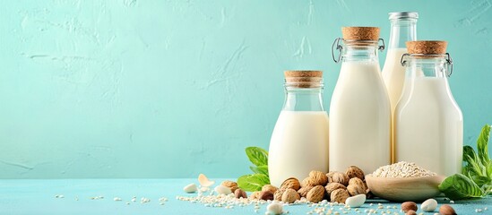 Poster - Ingredients for creating different plant based lactose free vegan milks alongside bottles of milk set against a blue background with copyspace