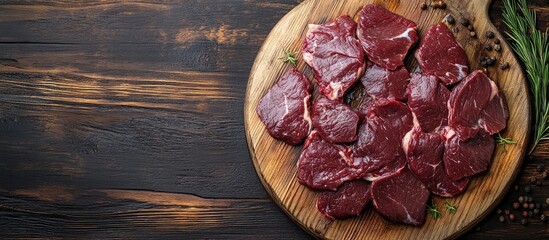 Sliced raw venison deer meat for a stew on a butcher s cutting board Wooden background Top view. with copy space image. Place for adding text or design