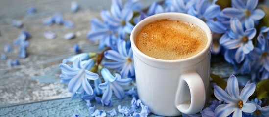 Aufkleber - Close up top view of fresh coffee in a cup with blue hyacinth flowers isolated on a white background. with copy space image. Place for adding text or design