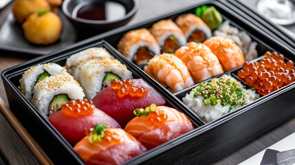 Wall Mural - Japanese bento box with assorted sushi, rolls and nigiri.