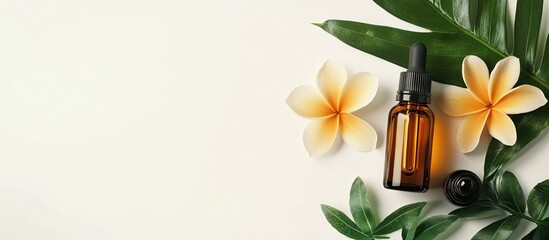 Poster - A bottle of essential oils alongside a tropical flower on a white background Concept of skin and body care. with copy space image. Place for adding text or design