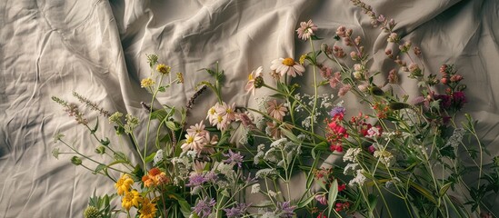 Poster - Bouquet of wildflowers on a gray linen backdrop top view Vintage style. with copy space image. Place for adding text or design
