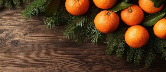 Leinwandbilder - Fir branches and tangerines on a wooden surface Christmas and New Year theme Space for text. with copy space image. Place for adding text or design