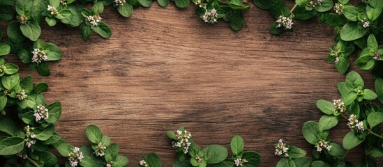 Poster - fresh oregano blossoms leaves on aged wooden table close up. with copy space image. Place for adding text or design