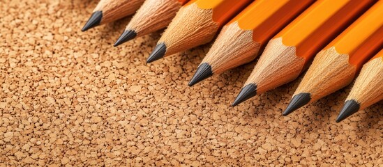 Poster - A collection of wooden pencils placed on a cork board. with copy space image. Place for adding text or design