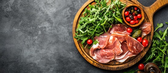 Poster - Fresh pork ham slices on a wooden plate accompanied by arugula salad Gray background Top view Copy space