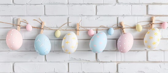 Poster - Decorative Easter eggs are suspended on clothespins in front of a white brick wall Copy space for text