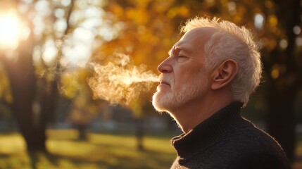 Caucasian elderly man breathing a fresh air in the park, meditation, blurred green background