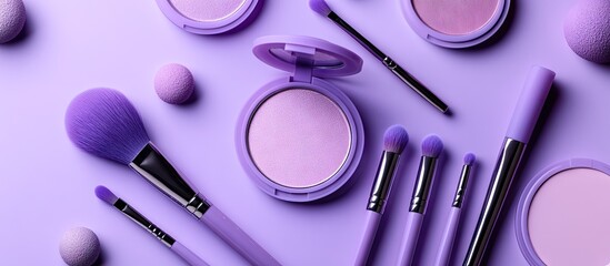 Aufkleber - Makeup concept Top view image Collection of professional decorative cosmetics makeup tools and accessories on a pastel purple background with copyspace
