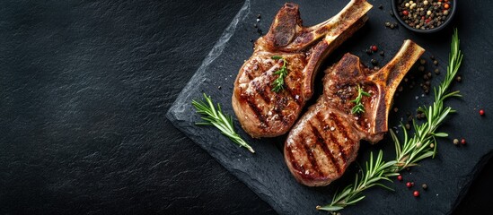 homemade grilled organic lamb chops with rosemary and fragrant herbs. with copy space image. place f