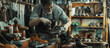 © stas_malyarevsky - A shoemaker repairs boots in his small workshop. Small business owner and craftsman. An experienced shoemaker creates retro leather shoes in his comfortable workshop. Custom-made shoes made to measure