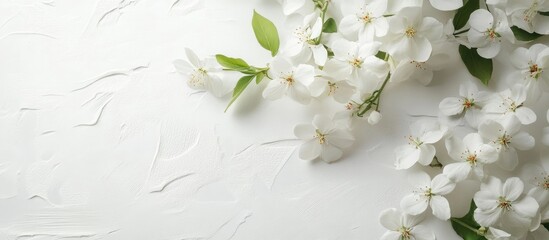 Wall Mural - Delicate white spring flowers on a white surface. with copy space image. Place for adding text or design