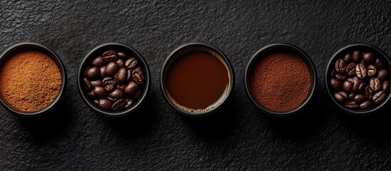 Poster - Background featuring a variety of coffee including beans ground coffee instant options pads and capsules in a retro style tone with copy space and a top view perspective