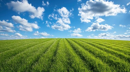 Beautiful natural scenic panorama green field of cut grass into and blue sky with clouds on horizon. Perfect green lawn on summer sunny day with generative ai