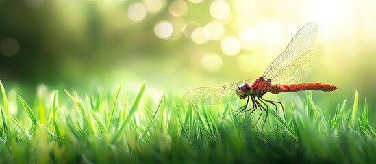 Poster - Dragonfly on grass with a green backdrop. with copy space image. Place for adding text or design