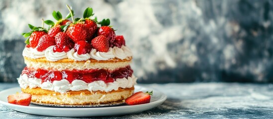 Aufkleber - French Napoleon cake accompanied by strawberry jam Background image copyspace text