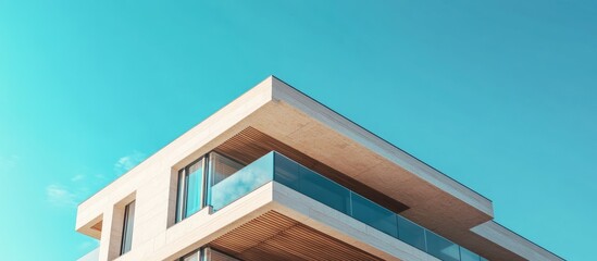 Aufkleber - top of a new modern apartment building facade against a blue sky copy space contemporary residential