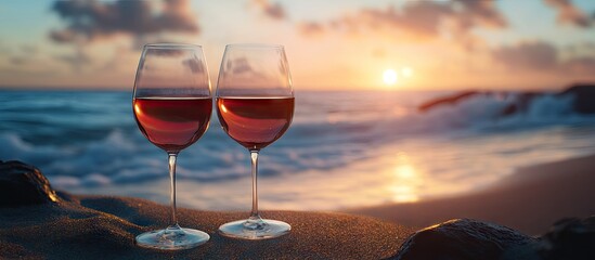 Wall Mural - Wine glasses at sunset on a beach Selective focus Nature. with copy space image. Place for adding text or design