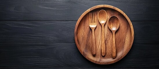Fototapete - Vintage silverware Rustic vintage wooden spoon and fork set on a wooden platter against a black wooden background Empty dishes Top view Mock up. with copy space image. Place for adding text or design