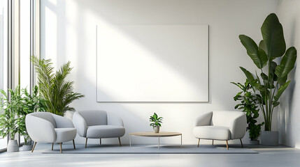 Cozy office lobby with minimalist furniture and a blank white wall, ready for branding.