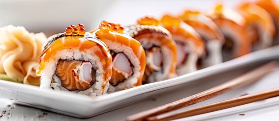 Sushi Japanese restaurant delivery A set of unagi eel rolls isolated on a white background in closeup copy space Healthy seafood cutout for menu