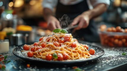 Pasta. Italian pasta dish. Delicious spaghetti pasta. Spaghetti. Macaroni. Restaurant dish.