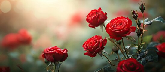 Poster - Red roses in a vintage style Roses blooming in the garden Beautiful red flowers in a retro design Copy space