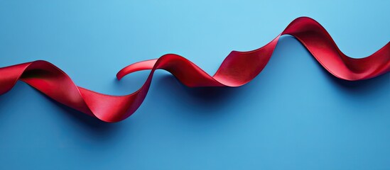 Fototapete - Red ribbon curl on a blue background A suitable option for a holiday card or text background such as a computer wallpaper or phone screensaver. with copy space image. Place for adding text or design