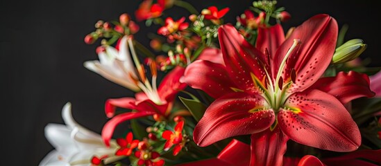 Poster - Bouquet of lilies of the valley with a red bow set against a red background top view copy space