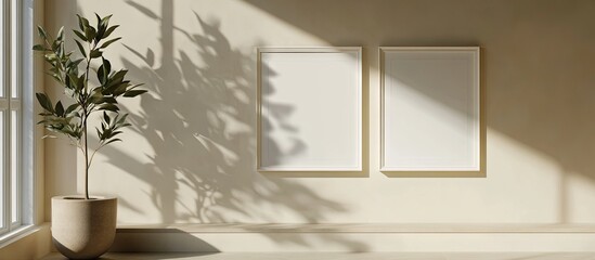 Wall Mural - Photo frame mockup displayed on a wall with a shadow Minimalist backdrop Empty picture frame mockup in a living room setting. with copy space image. Place for adding text or design