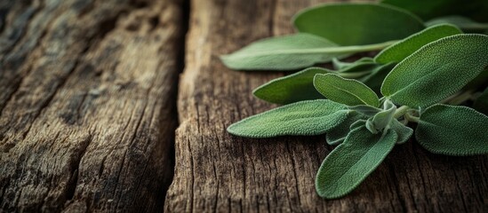 Wall Mural - sage fresh spice leaves on aged wood macro. with copy space image. Place for adding text or design