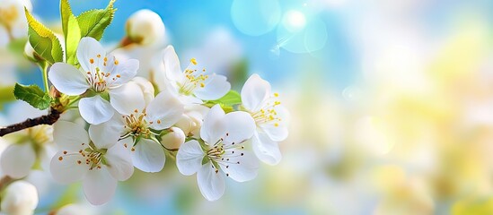 Aufkleber - Cherry tree blossoms in spring at the park Lovely flowers Selective focus with a blurred background Bright sunny day Apple branches Clear blue sky. with copy space image