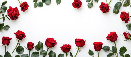 Aufkleber - Red rose flowers create a framed composition on a white background from a top view with copy space This concept is suitable for Valentine s Day birthdays weddings and Mother s Day Copy space