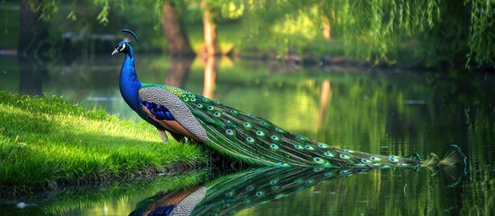 Wall Mural - A vibrant peacock on the green grass by the edge of a pond Copy space