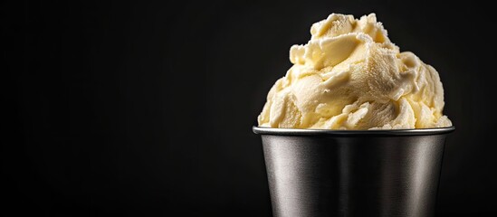 Aufkleber - Tasty lemon ice cream in a metal cup against a black background. with copy space image. Place for adding text or design
