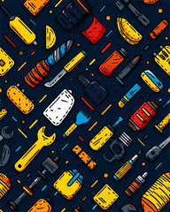 A colorful and abstract design of various tools and objects, including a wrench