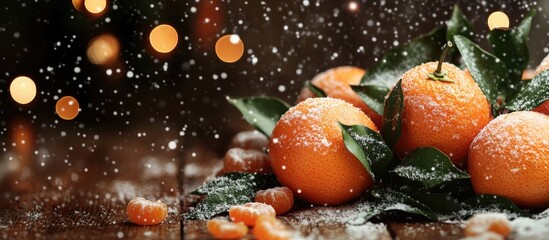 Poster - fresh ripe tangerines with leaves and sprinkles a wooden background decorated with artificial snow f