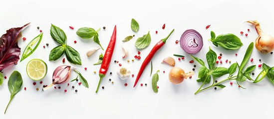 Fototapete - Top view of herbs and spices featuring galangal lemongrass chili lime onion and lime leaves on a white background with copy space Food ingredient concept