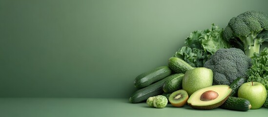 Poster - Creative food layout featuring green fruits and vegetables on a green background flat lay avocado kale broccoli Brussels sprouts kiwi peppers apple and cabbage top view with room for text