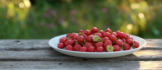 Ripe red wild strawberries on a plate on a wooden table outside. with copy space image. Place for adding text or design