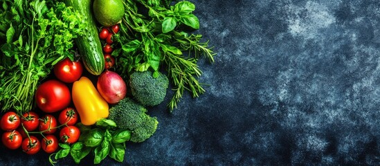 Poster - START DIET TODAY Arrangement of organic food Fresh raw vegetables and herbs. with copy space image. Place for adding text or design