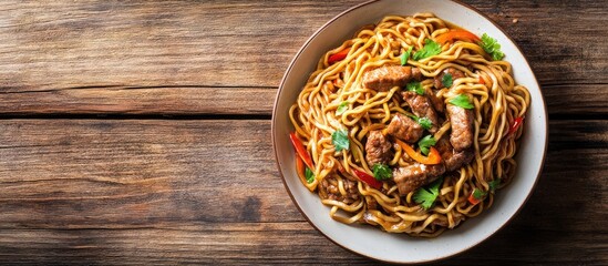 Fototapete - Stir fried yakisoba noodles with pork on a wooden table featuring Asian cuisine style copy space and text