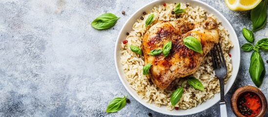 Poster - Cooked whole chicken and brown rice accompanied by salt pepper basil fried lemon knife and fork on a white textured background Top view flat lay Copy space