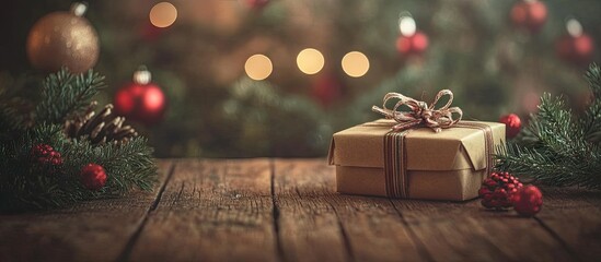 Poster - Image of Christmas decorations featuring a small gift box on a wooden table with copy space in a vintage style