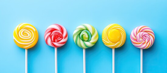 Poster - Colorful candies and a lollipop against a vibrant background presented in a multicolored minimal style top view. with copy space image. Place for adding text or design