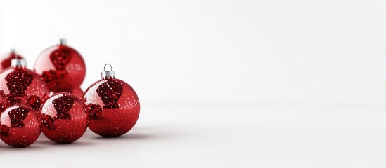 Wall Mural - Christmas holiday arrangement featuring red balls on a white background with copy space for your text